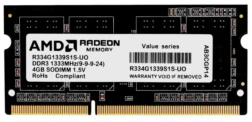 Оперативная память 8GB Radeon AMD DDR3 1333 SO DIMM R3 Value Series Black R338G1339S2S-U Non-ECC, CL9, 1.5V, RTL R338G1339S2S-U
