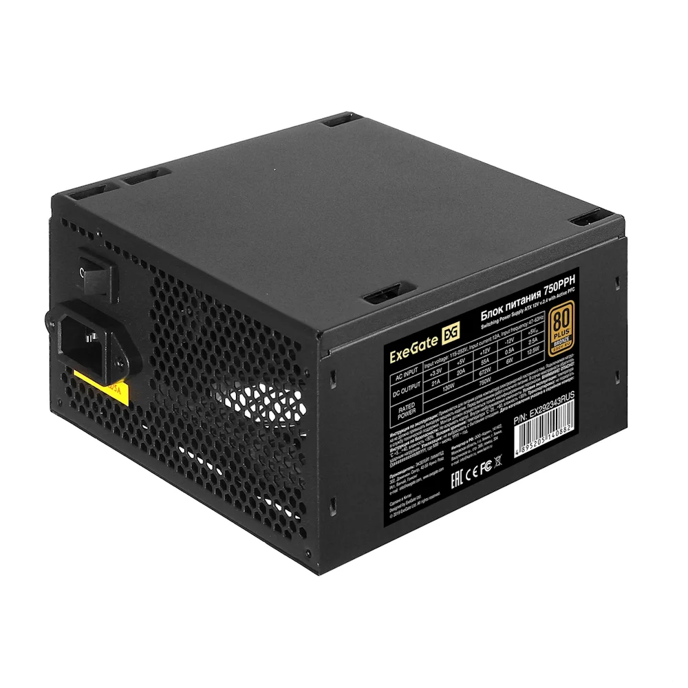 Блок питания Exegate EX292343RUS 750W ExeGate 80 PLUS® Bronze 750PPH (ATX, APFC, КПД 85% (80 PLUS Bronze), 12cm fan, 24pin, 2x(4+4)pin, 4xPCI-E, 6xSATA, 6xIDE, black, Color Box)