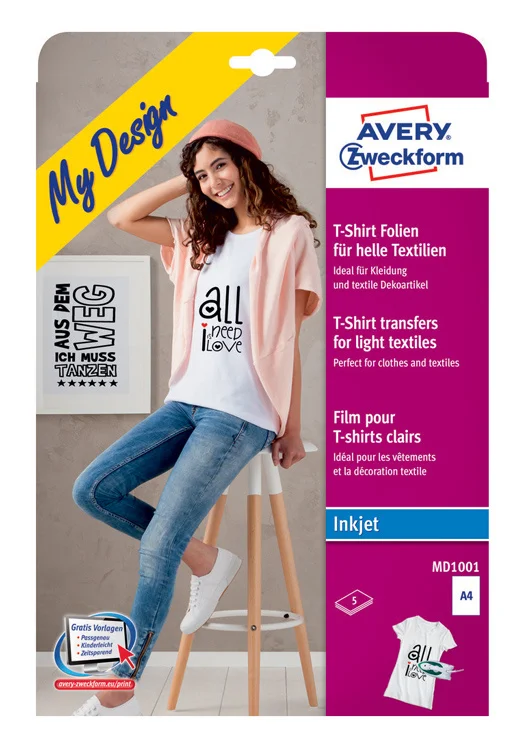Термотрансфер Avery Zweckform MD1001, A4, для струйной печати, 5л, белый, покрытие матовое
