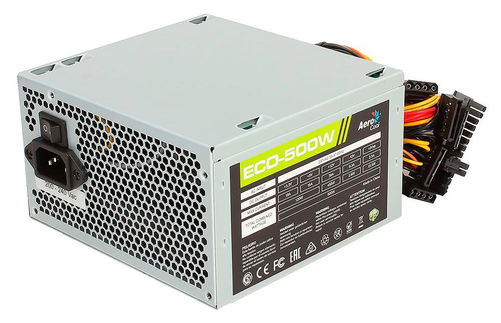 Блок питания Aerocool ECO-500W, ATX v2.3, 500W, 120mm, 24+4pin, 3xSATA, 2xMolex, 1xFDD, 1xPCI-E, Silver, BOX